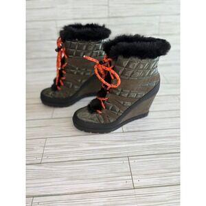 Jessica Simpson Brixel Wedge Boots Olive Green Faux Fur Lace Up JS-BRIXEL 8M